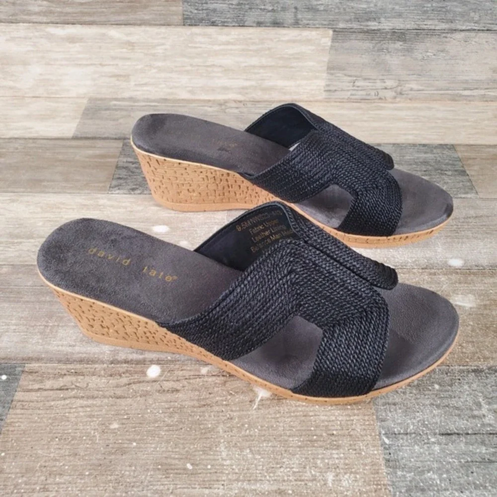 David Tate Vibe Womens Sandals Sz‎ 9.5 M Black Rayon Fabric Slip On Wedge Heel